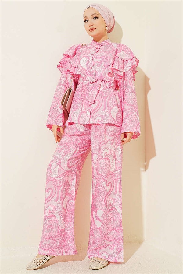 Pink 2 Piece Set with Ruffled Shoulders and Belt