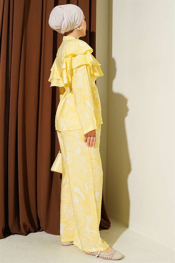 Yellow 2 Piece Set with Ruffled Shoulders and Belt