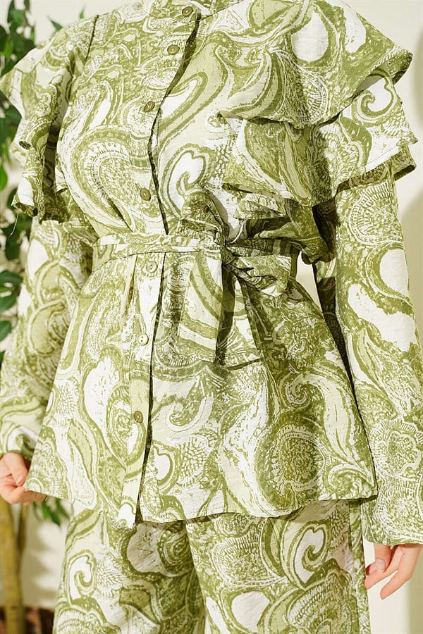 2 Piece Set with Ruffled Shoulders and Belt, Light Green