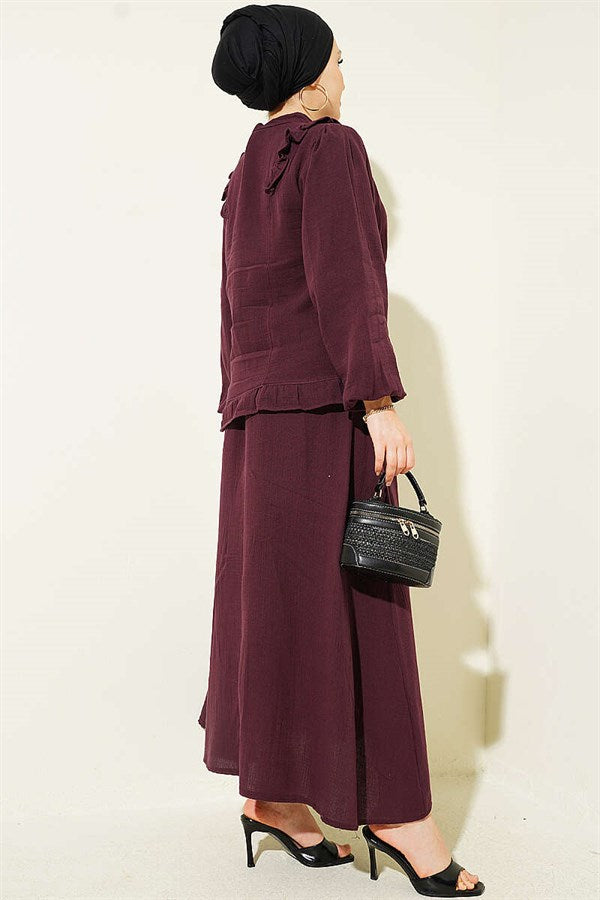 2 Piece Set with Shoulder Ruffled Muslin Skirt, Plum