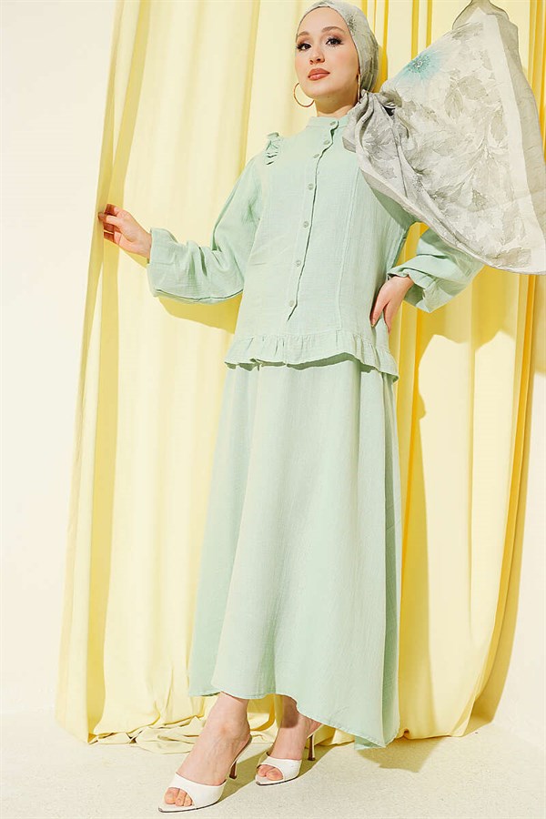2 Piece Set with Shoulder Ruffled Muslin Skirt, Aqua Green