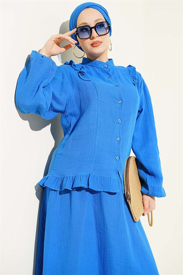 2 Piece Set with Shoulder Ruffled Muslin Skirt (Navy Blue)