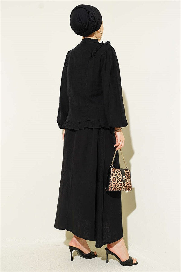 2 Piece Set with Shoulder Ruffled Muslin Skirt, Black