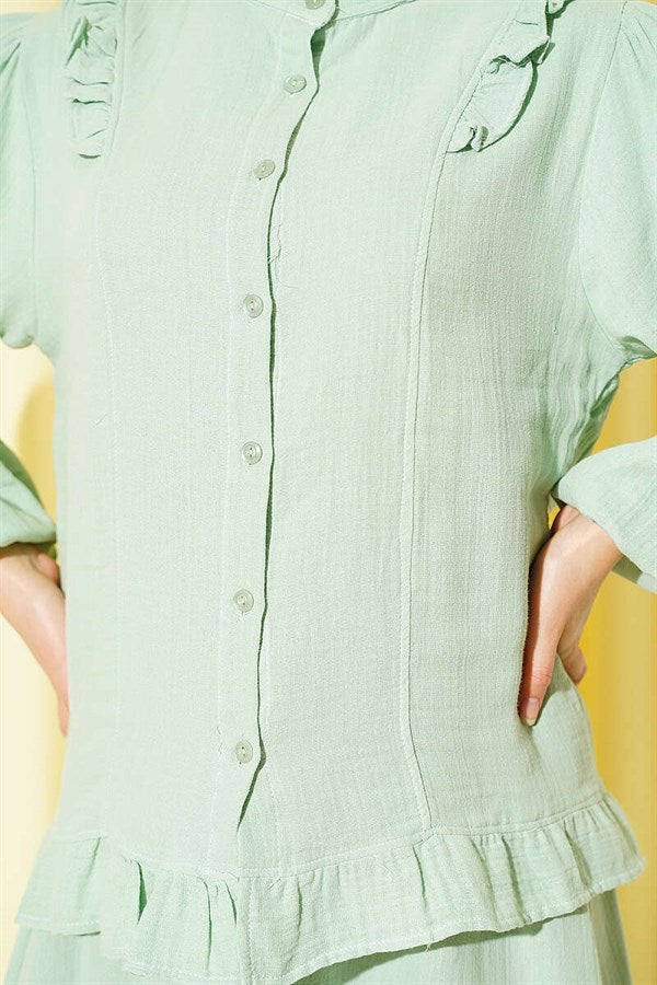 2 Piece Set with Shoulder Ruffled Muslin Skirt, Aqua Green