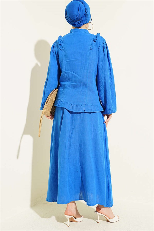 2 Piece Set with Shoulder Ruffled Muslin Skirt (Navy Blue)