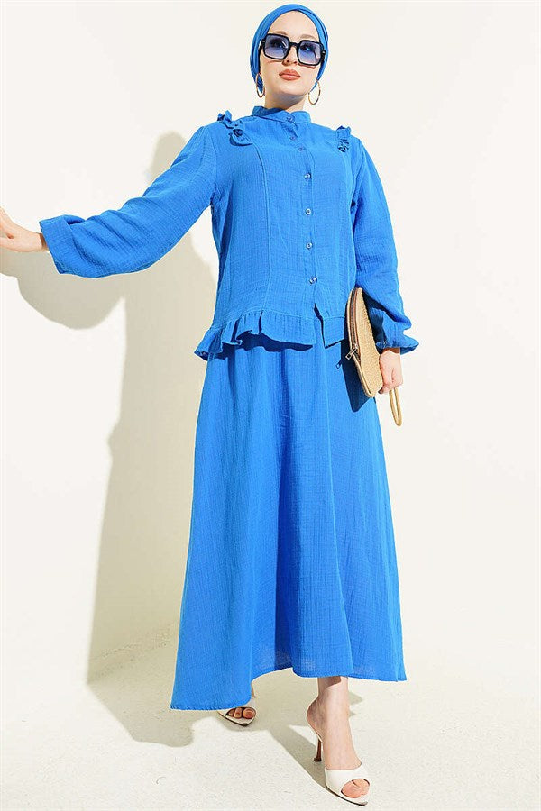 2 Piece Set with Shoulder Ruffled Muslin Skirt (Navy Blue)