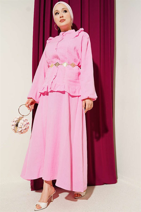 2 Piece Set with Shoulder Ruffled Muslin Skirt, Pink