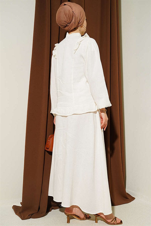 2 Piece Set with Shoulder Ruffled Muslin Skirt, Ecru