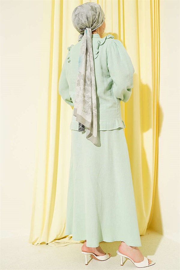 2 Piece Set with Shoulder Ruffled Muslin Skirt, Aqua Green
