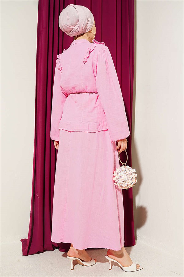 2 Piece Set with Shoulder Ruffled Muslin Skirt, Pink