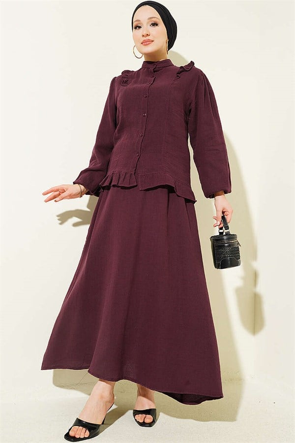 2 Piece Set with Shoulder Ruffled Muslin Skirt, Plum