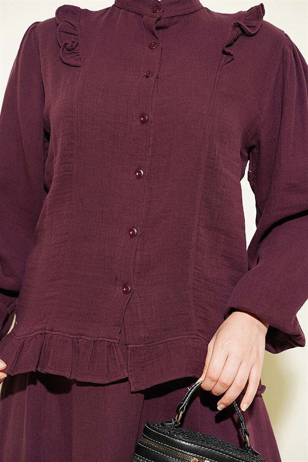 2 Piece Set with Shoulder Ruffled Muslin Skirt, Plum