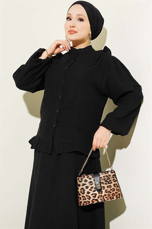 2 Piece Set with Shoulder Ruffled Muslin Skirt, Black