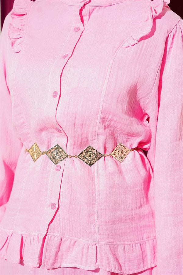 2 Piece Set with Shoulder Ruffled Muslin Skirt, Pink