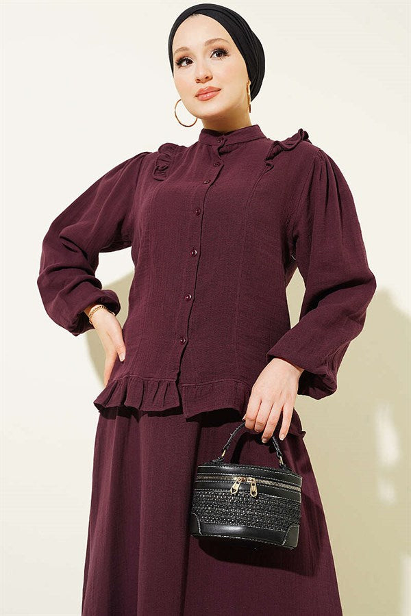 2 Piece Set with Shoulder Ruffled Muslin Skirt, Plum