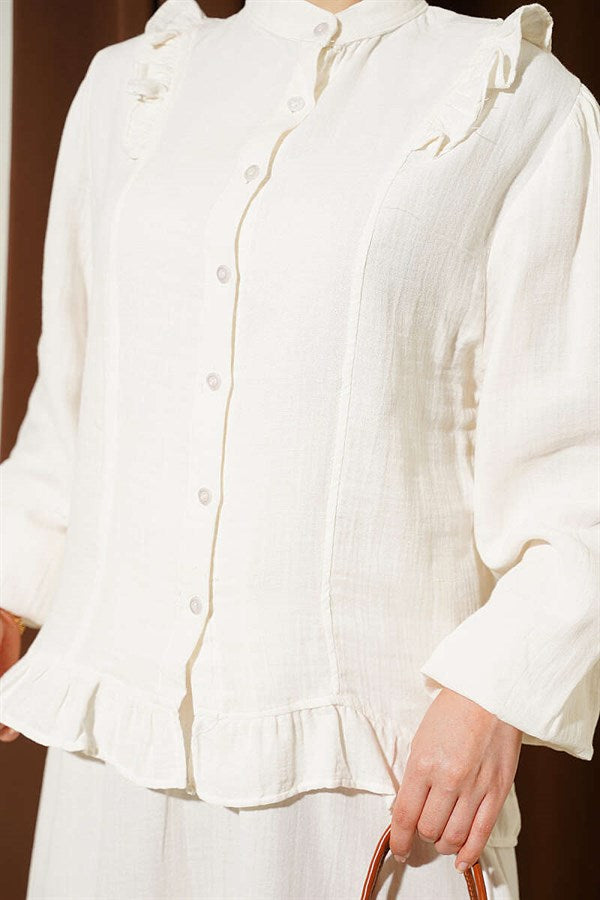 2 Piece Set with Shoulder Ruffled Muslin Skirt, Ecru