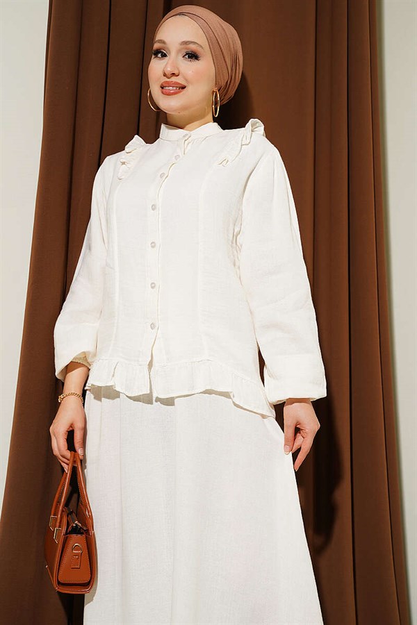 2 Piece Set with Shoulder Ruffled Muslin Skirt, Ecru