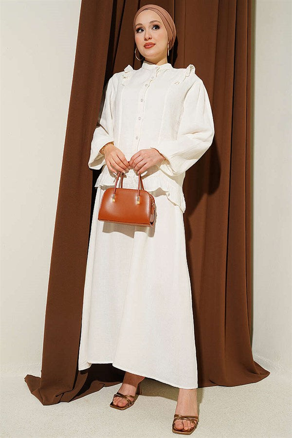 2 Piece Set with Shoulder Ruffled Muslin Skirt, Ecru