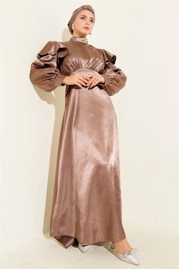 Satin Evening Dress with Ruffled Shoulders, Light Brown