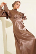 Satin Evening Dress with Ruffled Shoulders, Light Brown