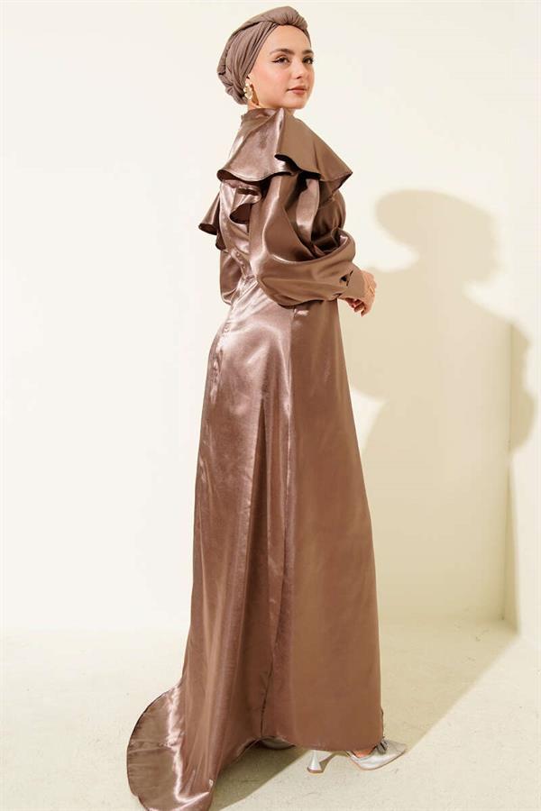 Satin Evening Dress with Ruffled Shoulders, Light Brown