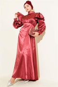Satin Evening Dress with Ruffled Shoulders, Burgundy