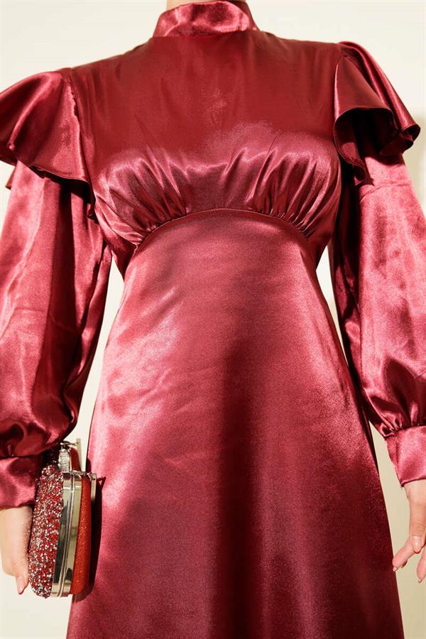 Satin Evening Dress with Ruffled Shoulders, Burgundy