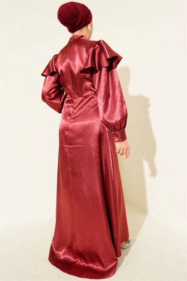 Satin Evening Dress with Ruffled Shoulders, Burgundy