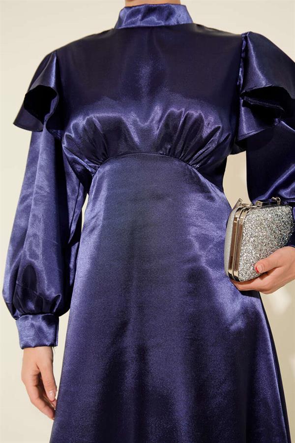 Satin Evening Dress with Ruffled Shoulders, Navy Blue