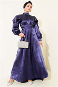 Satin Evening Dress with Ruffled Shoulders, Navy Blue
