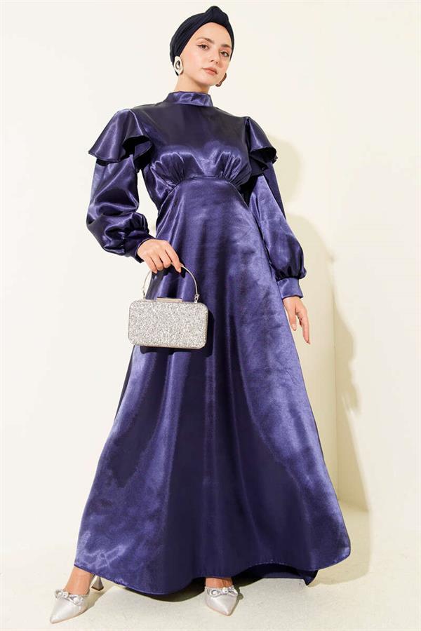 Satin Evening Dress with Ruffled Shoulders, Navy Blue