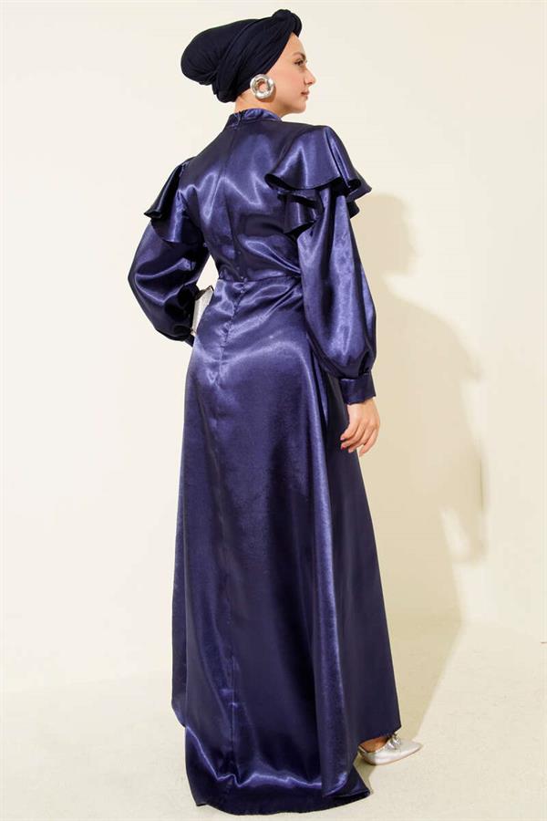 Satin Evening Dress with Ruffled Shoulders, Navy Blue