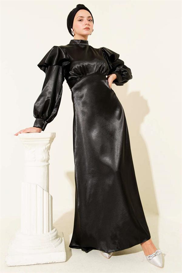 Satin Evening Dress with Ruffled Shoulders, Black