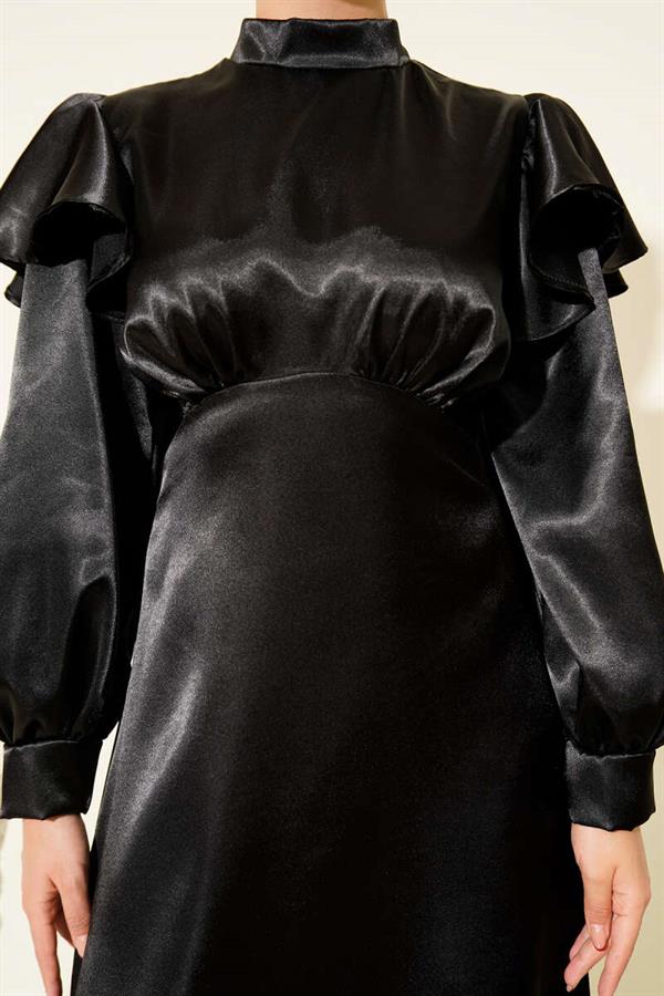 Satin Evening Dress with Ruffled Shoulders, Black