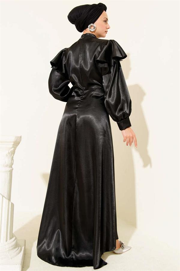 Satin Evening Dress with Ruffled Shoulders, Black
