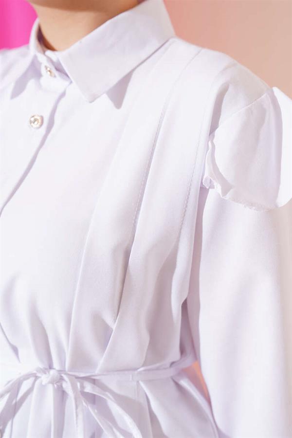 Shoulder Ruffle Striped Belted Shirt White