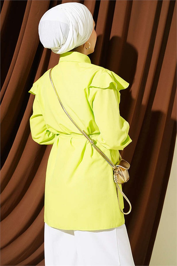 Shoulder Ruffled Belted Shirt, Pistachio Green