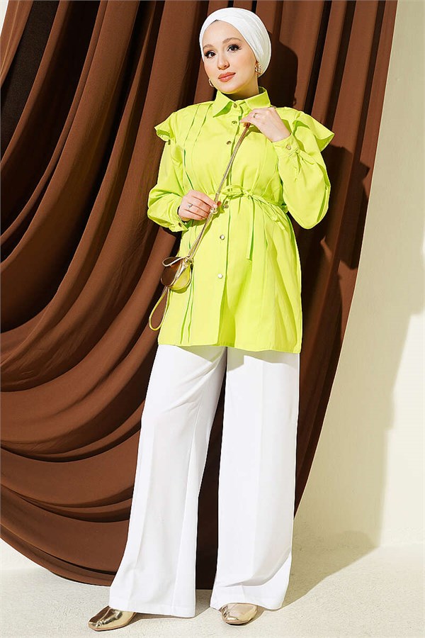 Shoulder Ruffled Belted Shirt, Pistachio Green