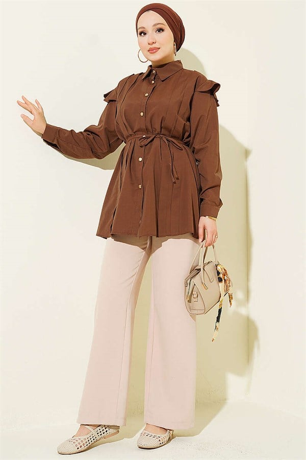 Shoulder Ruffled Striped Belted Shirt, Coffee