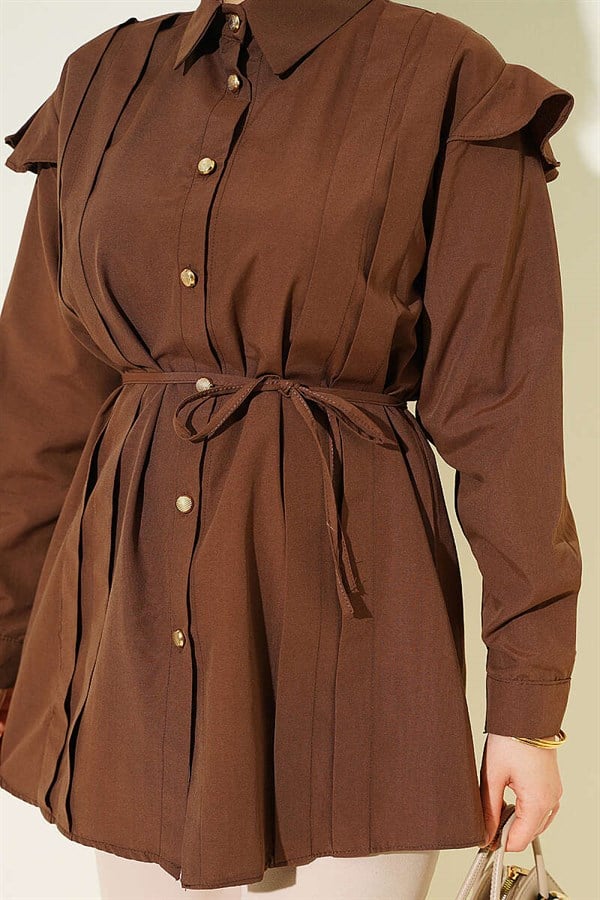 Shoulder Ruffled Striped Belted Shirt, Coffee