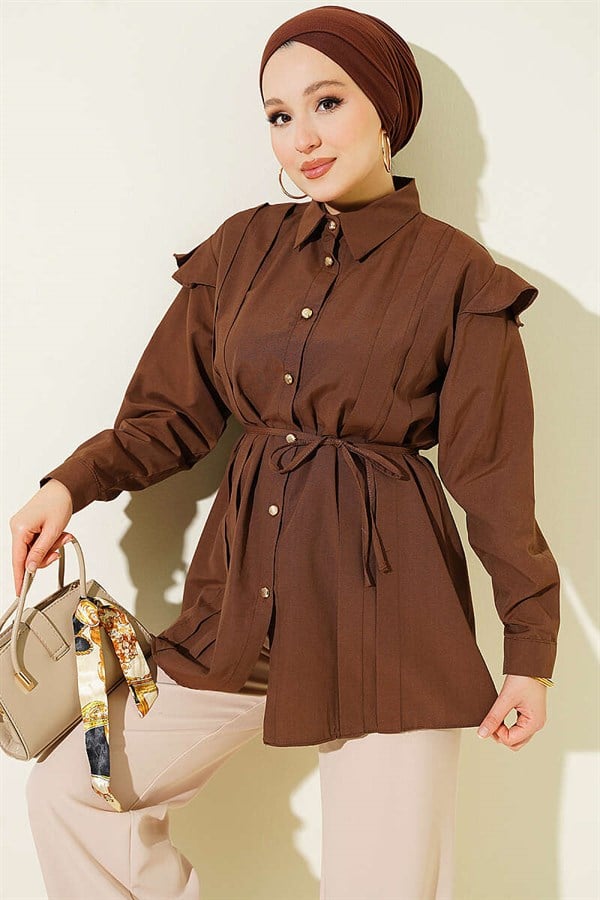 Shoulder Ruffled Striped Belted Shirt, Coffee
