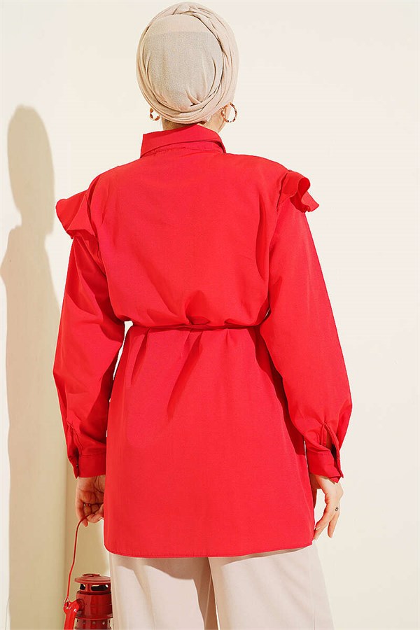 Shoulder Ruffled Striped Belted Shirt, Red