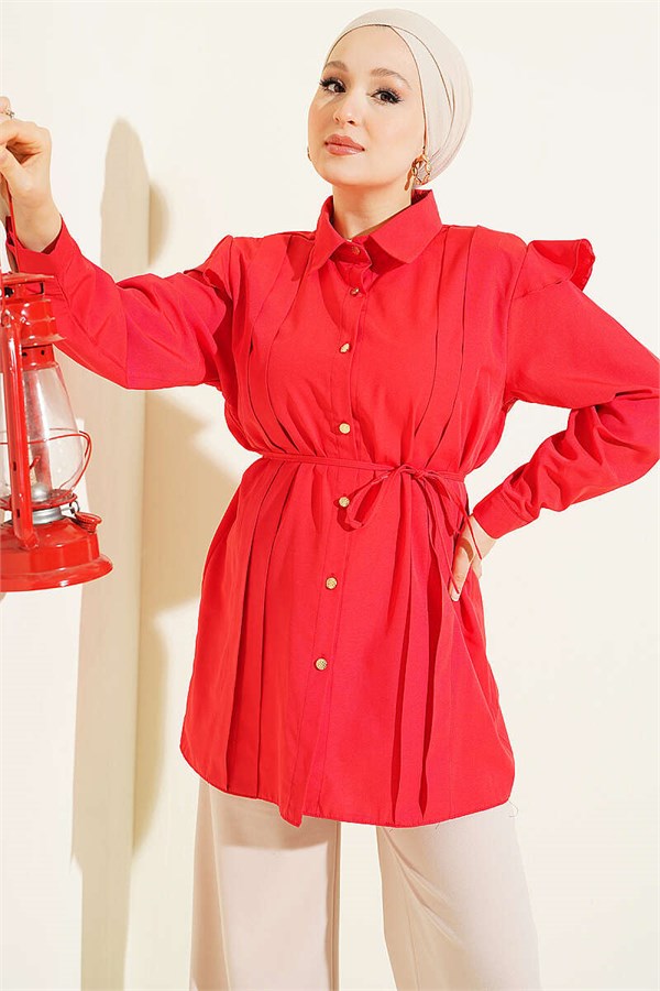 Shoulder Ruffled Striped Belted Shirt, Red