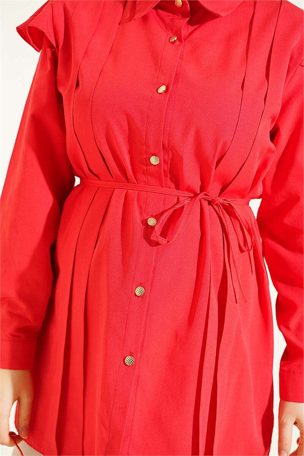 Shoulder Ruffled Striped Belted Shirt, Red