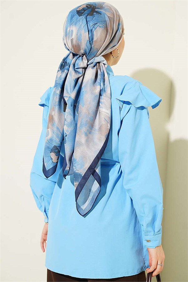 Shoulder Ruffled Striped Belted Shirt Blue