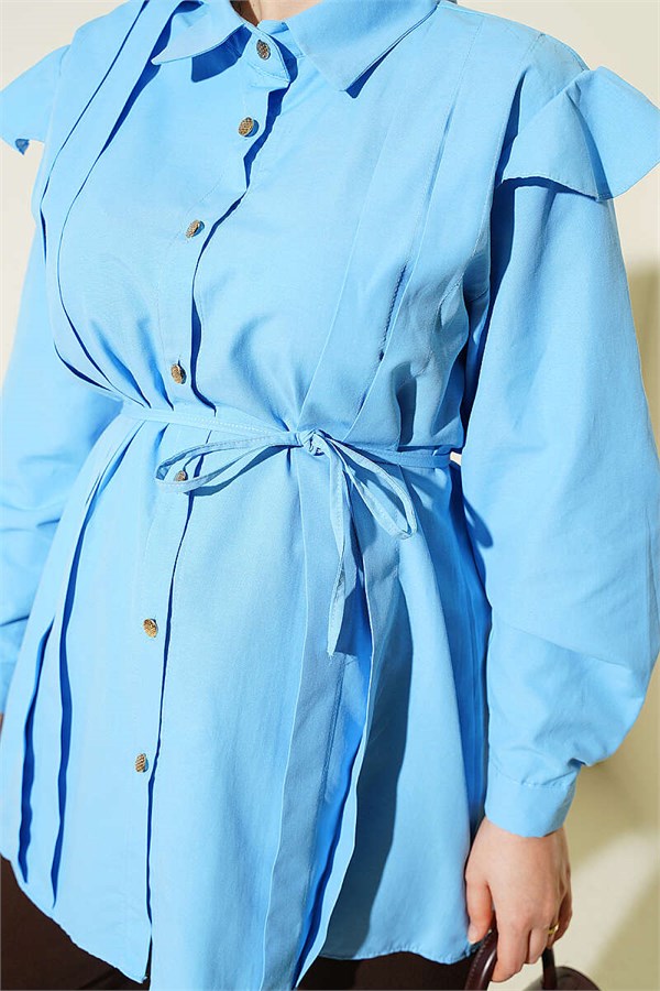 Shoulder Ruffled Striped Belted Shirt Blue