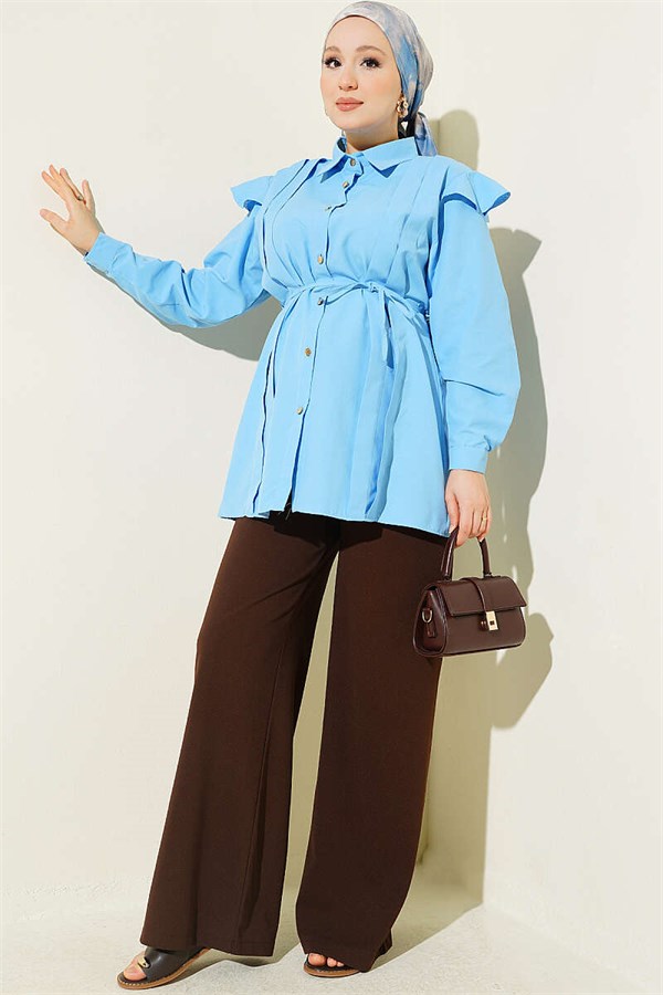 Shoulder Ruffled Striped Belted Shirt Blue
