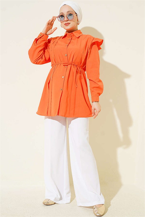 Orange Shirt with Shoulder Ruffles and Ribbon