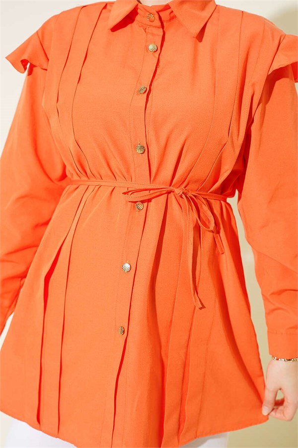 Orange Shirt with Shoulder Ruffles and Ribbon