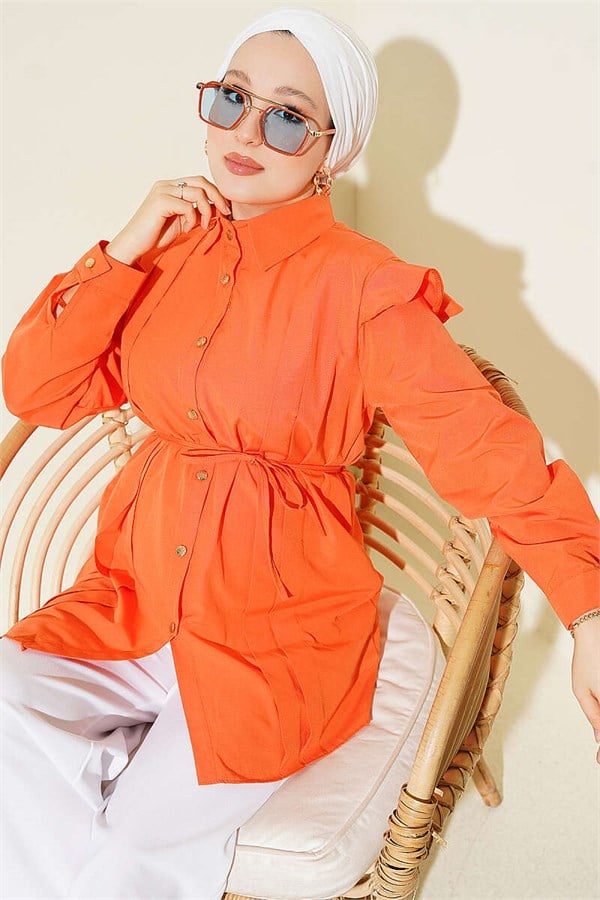 Orange Shirt with Shoulder Ruffles and Ribbon